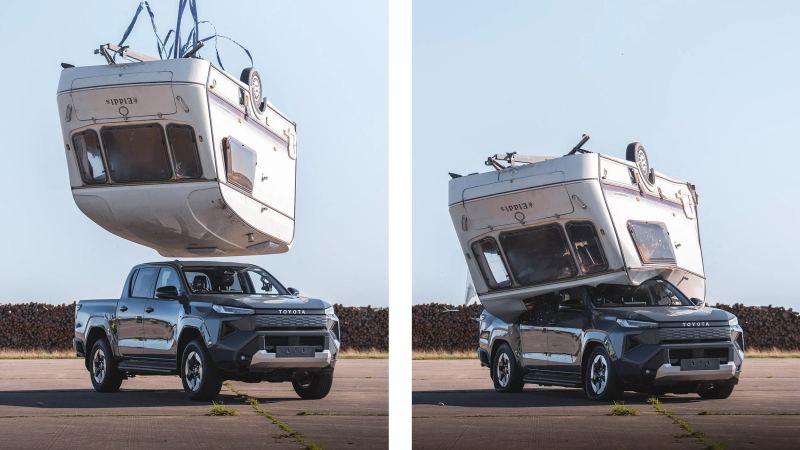 Toyota Drops a Caravan on the Hilux BEV to Recreate Top Gear’s Famous Test